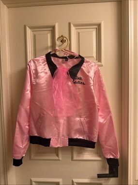Grease Pink Ladies Polyester Jacket with Pink Glasses and Sheer Pink Bow